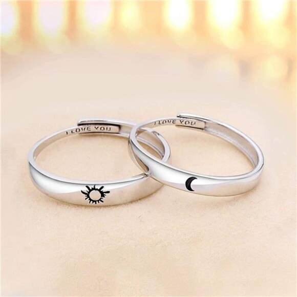 925 Silver Rings Custom Adjustable Sun and Moon Matching Rings Engraved - Picture 3 of 7